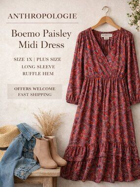 Anthropologie Boemo 1X Paisley Boho Midi Dress Red Blue Long Sleeve Ruffle Hem